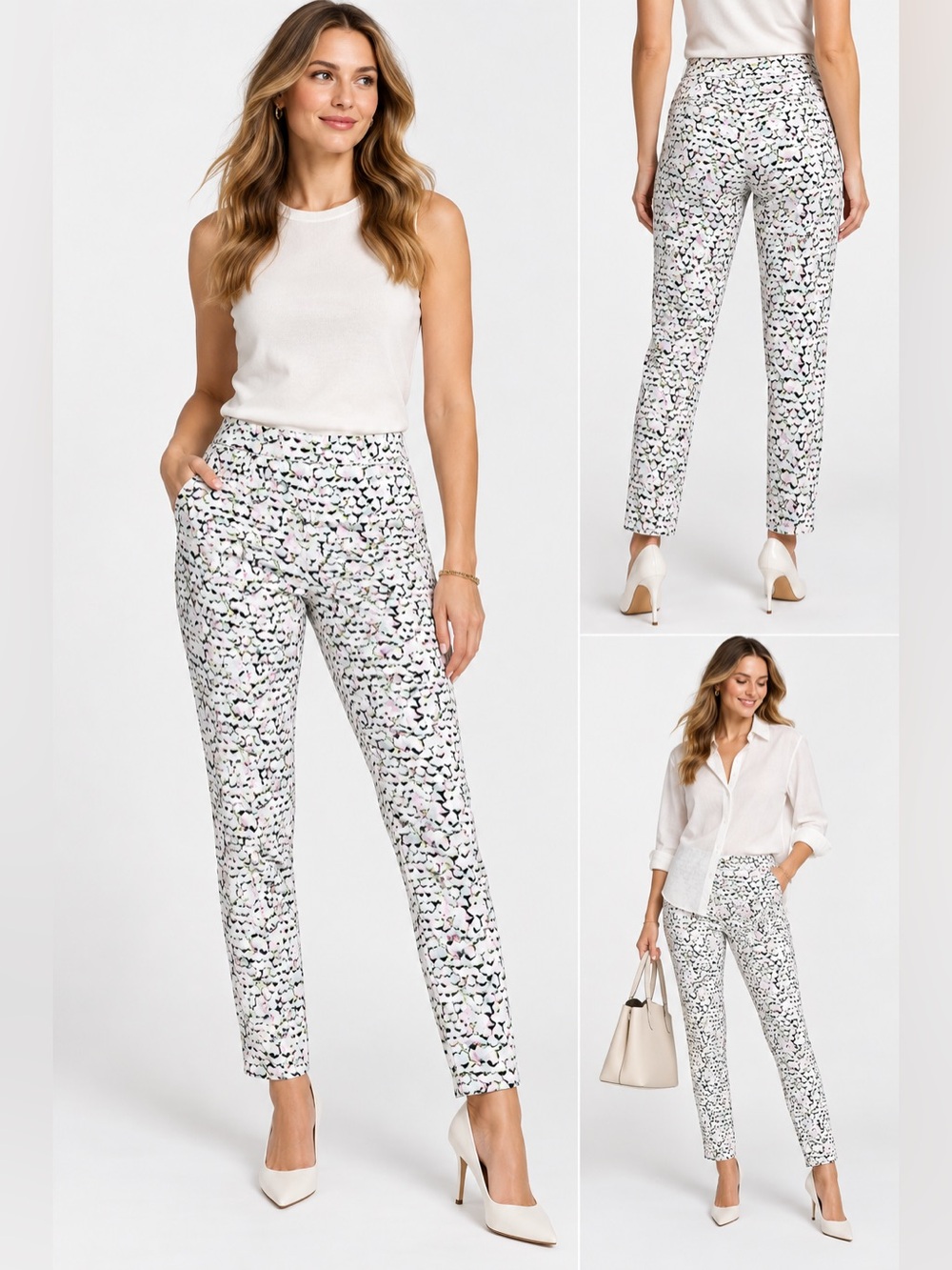 COS Women’s Printed Tapered Pants White Multicolor Size 36 Cupro Cotton